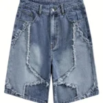 Men's Distressed Denim Shorts with Raw Hem & Star Patchwork